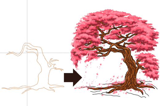 How to draw a Japanese cherry blossom tree