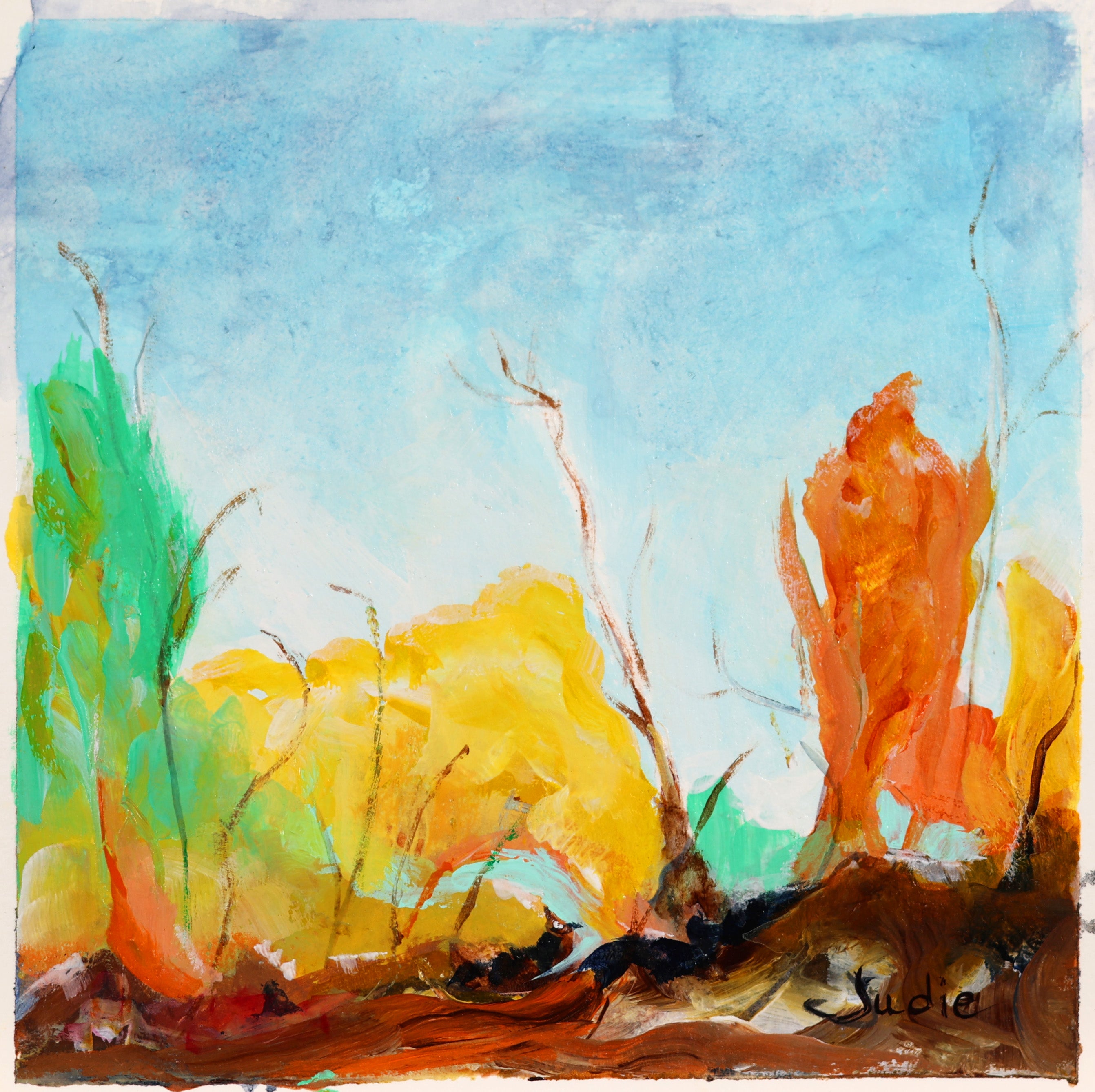 Early Fall Landscape – Original Painting by Judie Mulkey (6x6)