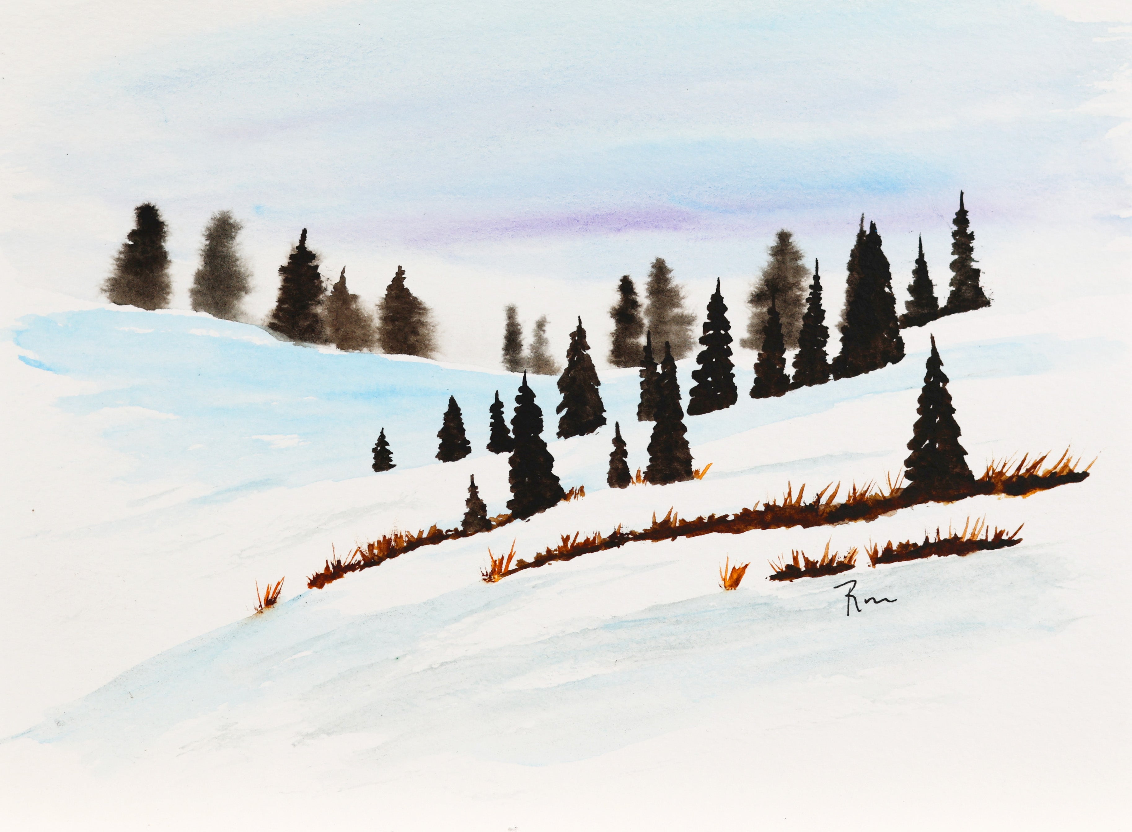 Evergreen Snowdrifts – Original 5x7 Watercolor Landscape