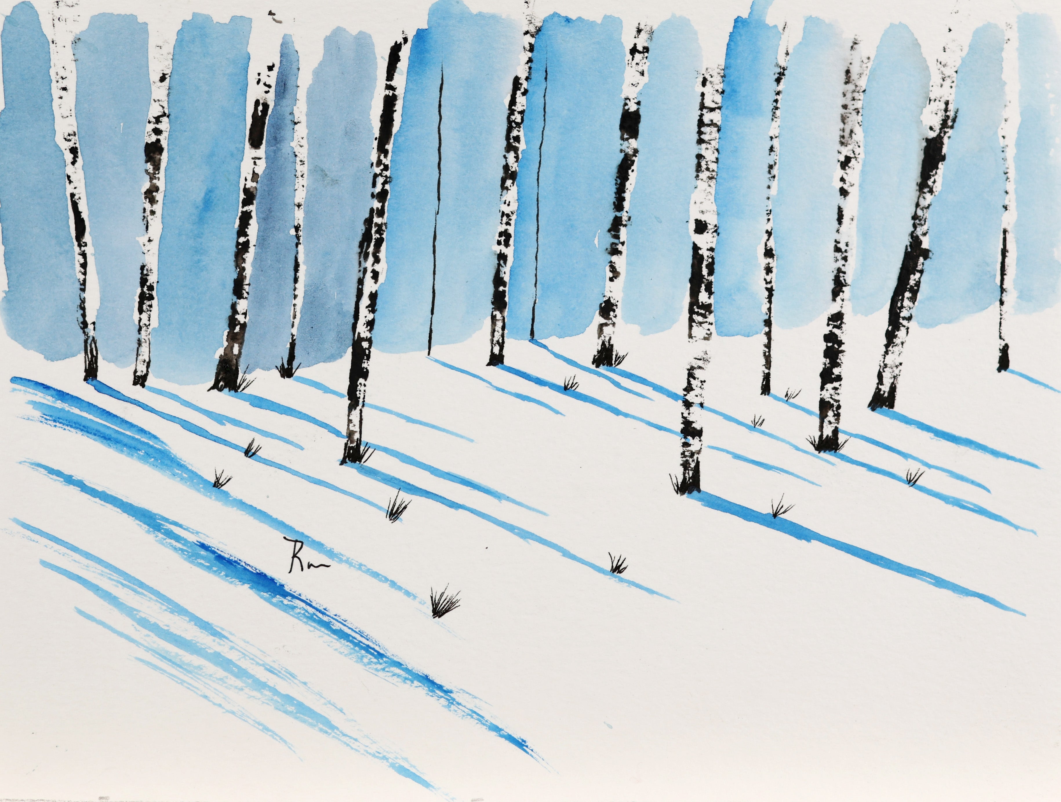 Winter Birch Shadows – Original 5x7 Watercolor Painting